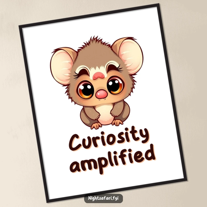 Funny digital art print of a playful tarsier character with large, curious eyes, perfect for instant download.