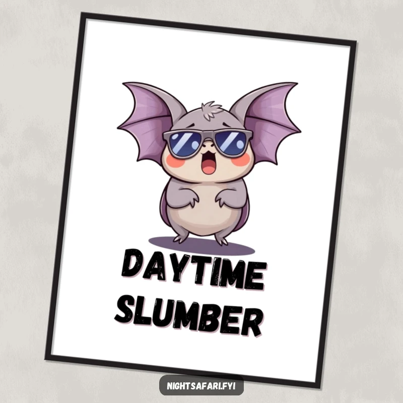 Funny Bat Digital Art: A sleepy bat with sunglasses yawns widely, ideal for printable humorous decor.
