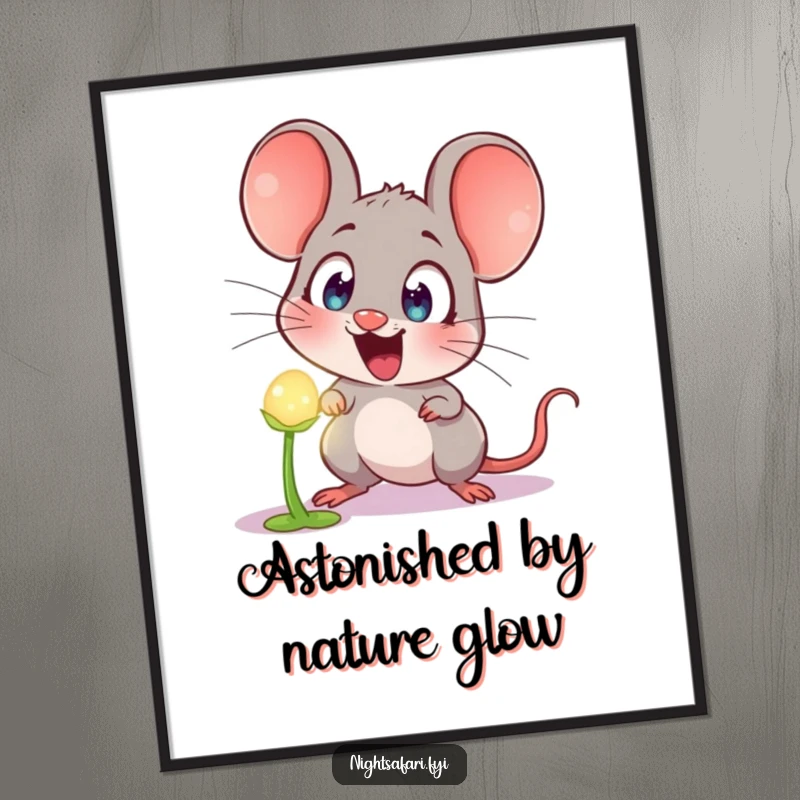 Funny Digital Art Print: A mouse with wide, amazed eyes staring at a vibrant, glowing plant, creating humorous wall art.