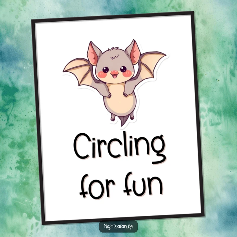 Funny digital art print of a curious bat with small wings, performing a playful aerial loop.