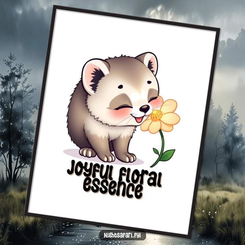 Funny digital art print of a happy civet cat joyfully sniffing a glowing flower, instantly adding natural charm.