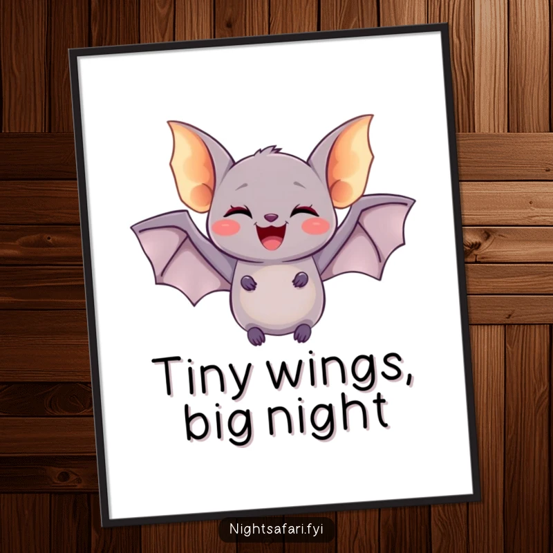 Funny digital art print of a delighted bat with tiny glowing wings, doing a joyful flutter, perfect for spooky and whimsical decor.