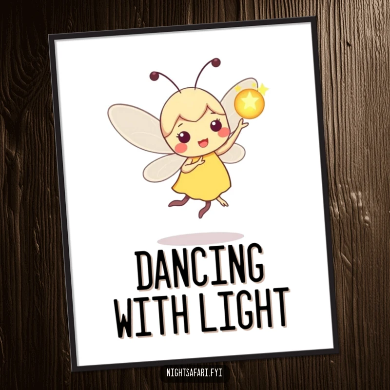 Funny Firefly Digital Art: Playful firefly character dancing with a glowing orb, printable graphic.