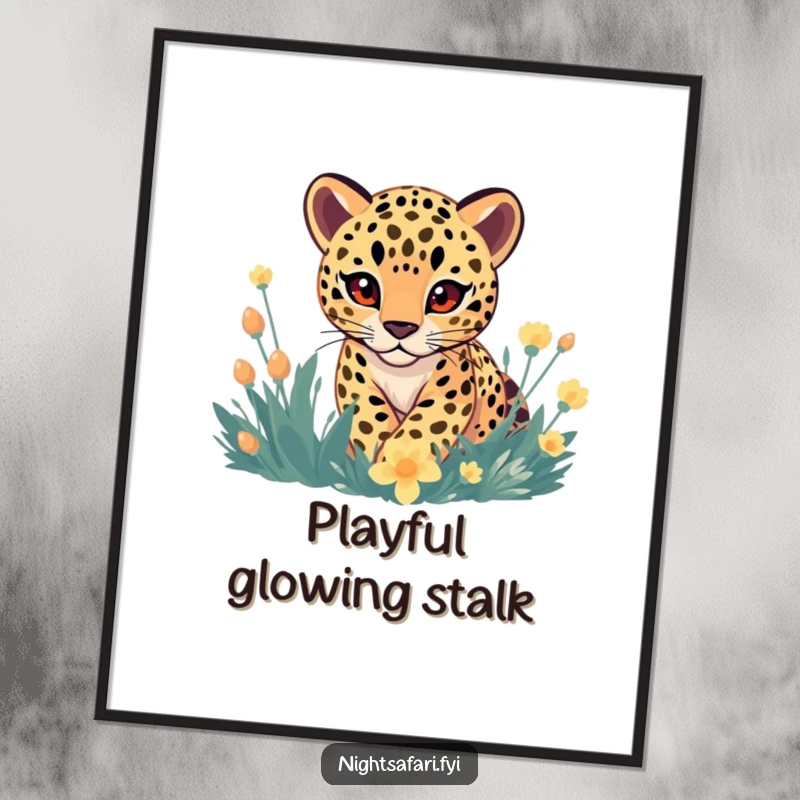 Funny Digital Art Print: A leopard with gentle eyes playfully stalking through a vibrant, glowing floral jungle.
