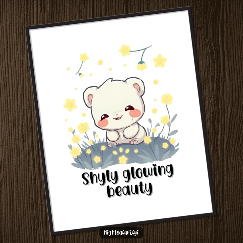 Funny digital art print of a giggling shy creature hiding amongst glowing fireflies, perfect for magical and whimsical decor.