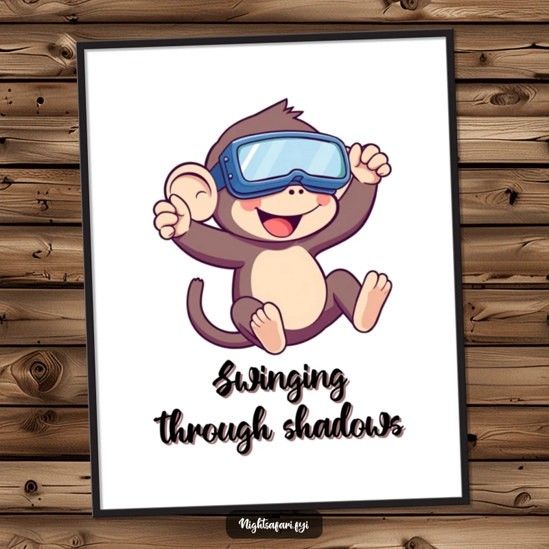 Funny Monkey Digital Art Print of a playful monkey in night vision goggles swinging, perfect for creating an instant adventurous and humorous atmosphere.