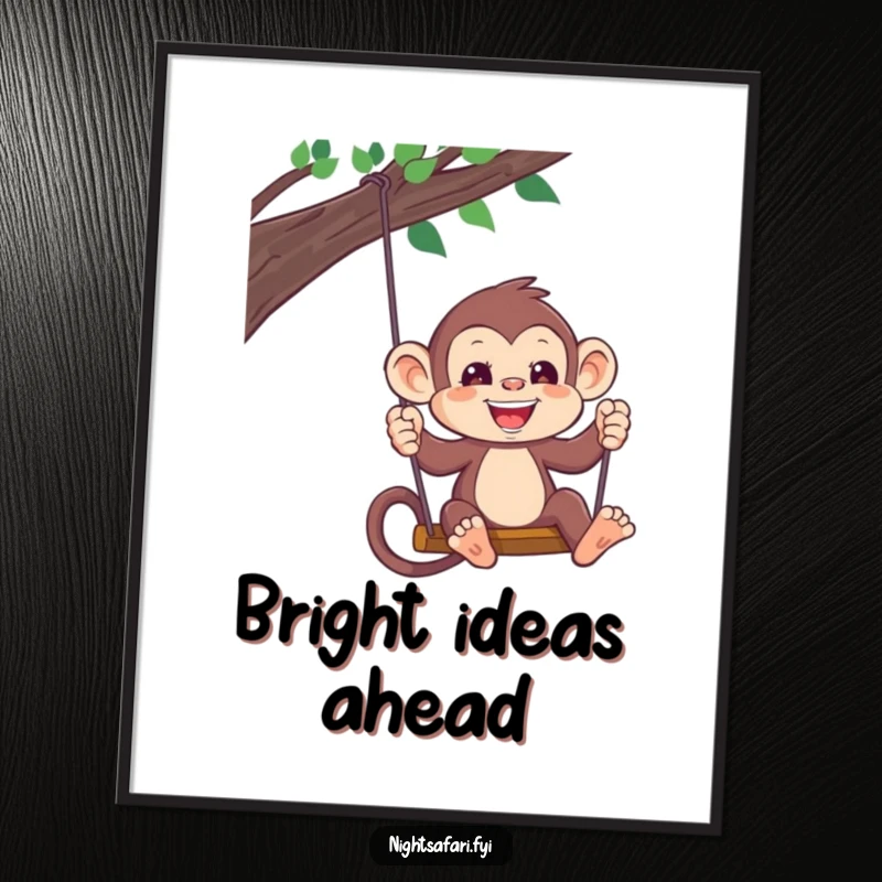 Funny Monkey Headlamp Digital Art Print: A playful monkey wearing a headlamp swings, perfect for jungle wall decor, a downloadable funny gift.