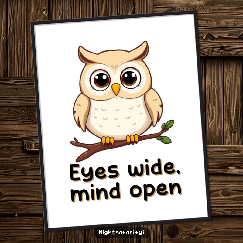 Funny owl digital art print of a happy wide-eyed owl character perched on a branch, ready to bring smiles.