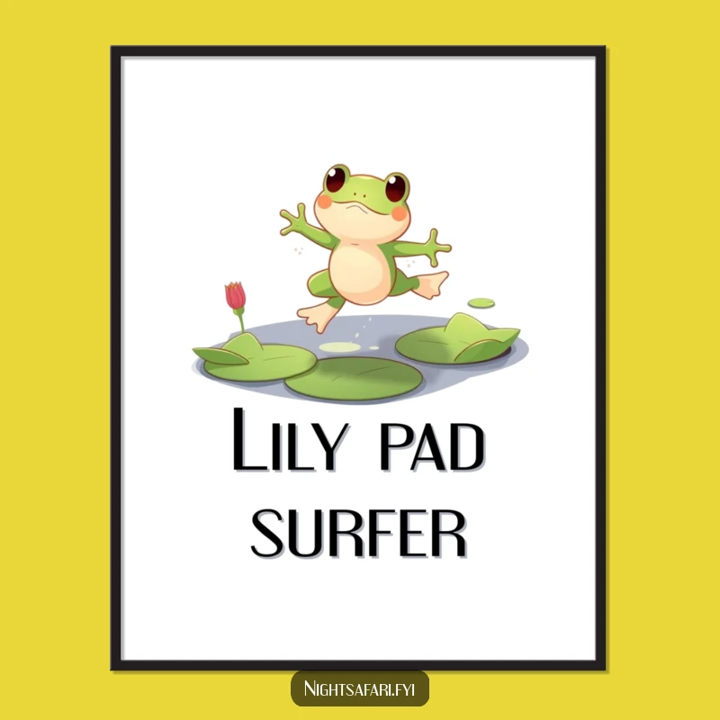Funny Playful Frog Digital Art, Lily Pad Leaping Wall Print