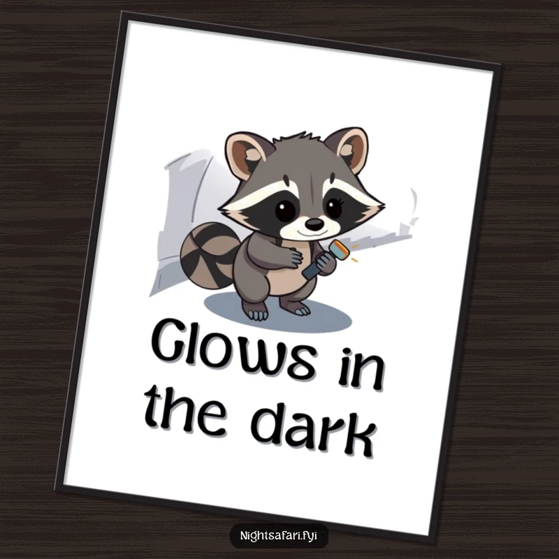 Funny Raccoon Digital Art: A curious raccoon with a flashlight explores a shadowy path, bringing humor to your screen.