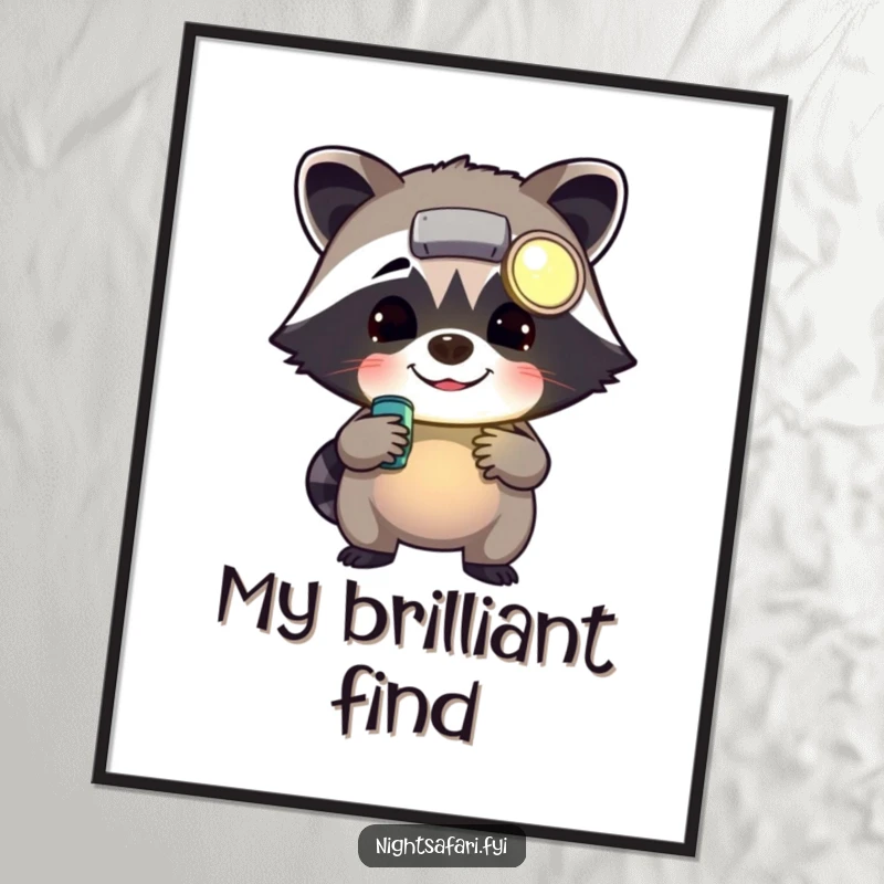 Funny cheerful raccoon wearing a headlamp rummaging, available as an instant digital art print for humorous decor.
