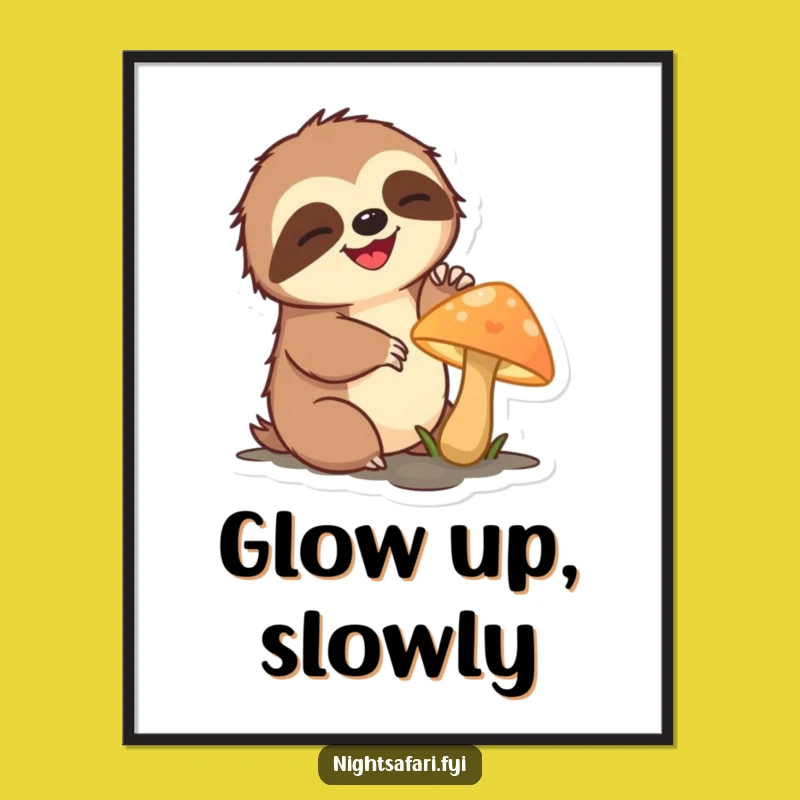 Funny Sloth Digital Art Print - Slow Mushroom Reach Downloadable Decor, Instant Funny Gift