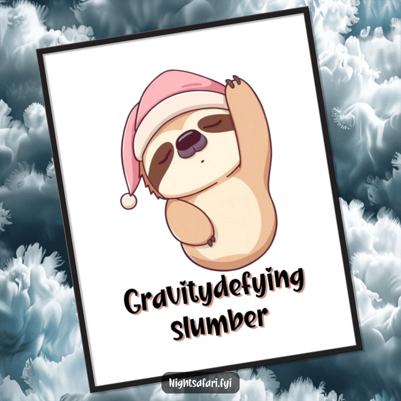 Funny Sleepy Sloth Nightcap Digital Art Print of a sloth hanging upside down, ready for instant download and display.