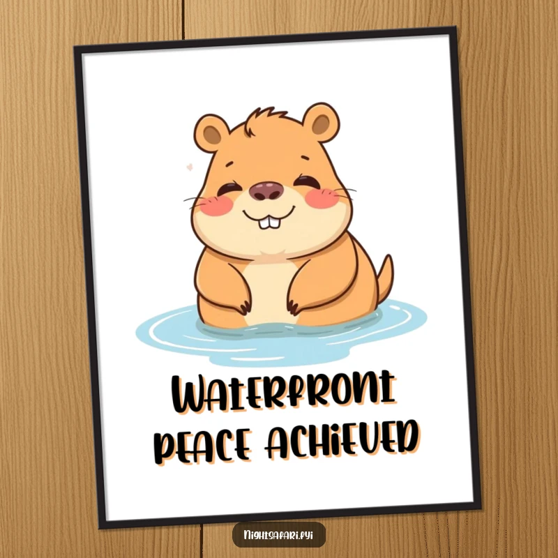 Funny digital art print of a cheerful capybara character relaxing by water, conveying instant calm.