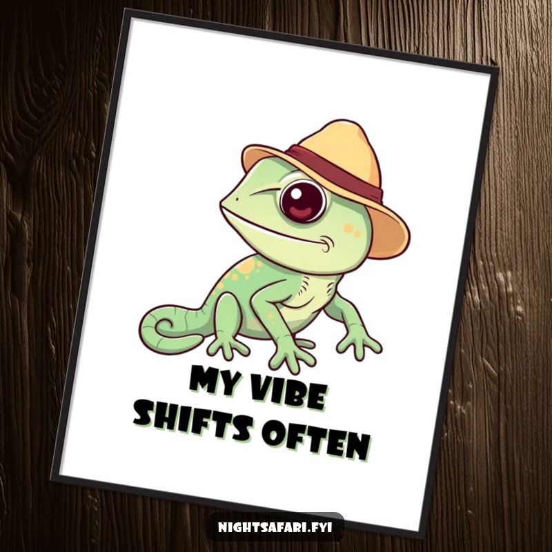 Funny Chameleon Digital Art Print: Cheerful chameleon in a safari hat, changing colors, bringing vibrant, humorous art to life.