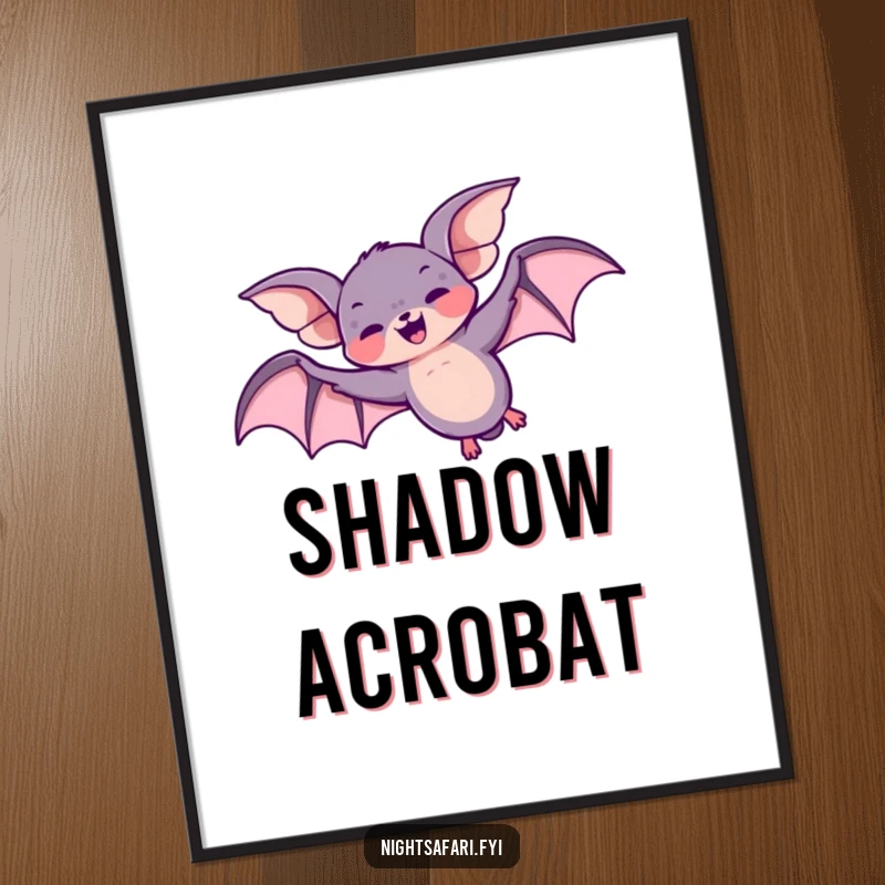 Funny digital art print of a giggling bat character joyfully performing a loop-the-loop overhead, ideal for home decor.