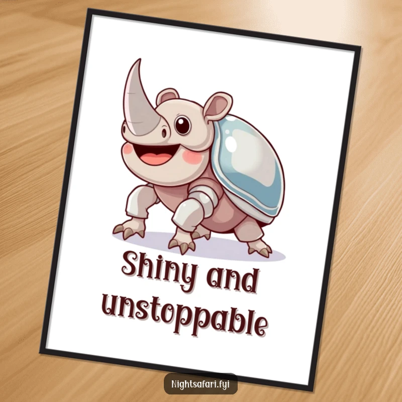 Funny Rhinoceros Beetle Digital Art Print: A joyful beetle with shiny armor crawling upwards, bringing strong and humorous art to life.