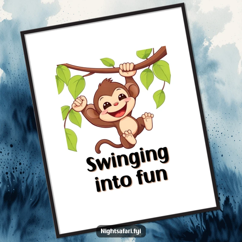 Funny Monkey Digital Art: Delighted monkey swinging from a vine with a wide smile, printable graphic.