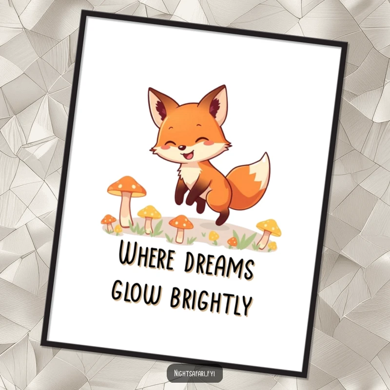 Funny digital art print of a smiling fox tiptoeing through a magical landscape filled with softly glowing mushrooms, offering instant charm.