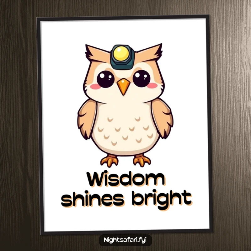 Funny Owl Headlamp Digital Art Print of a happy owl hooting with a glowing headlamp, ready for instant download.