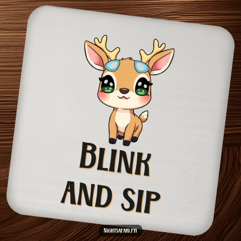 Funny Deer Glowing Eyes Coaster: A surprised deer wearing glowing eyes looks up, protecting surfaces with woodland charm, a practical funny gift.