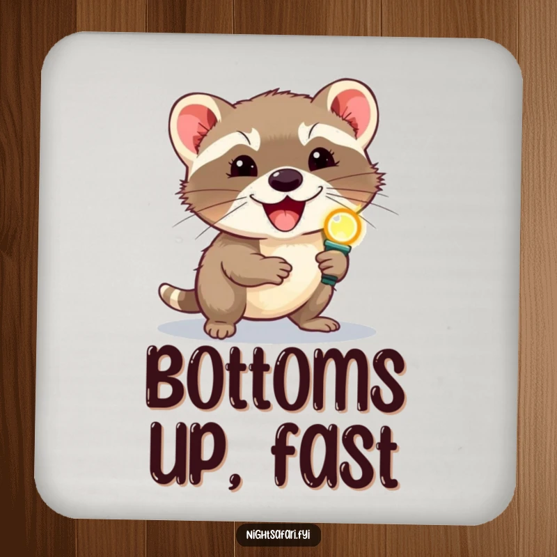 Funny delighted civet wearing a headlamp scurrying, on a protective drink coaster for humorous home decor.