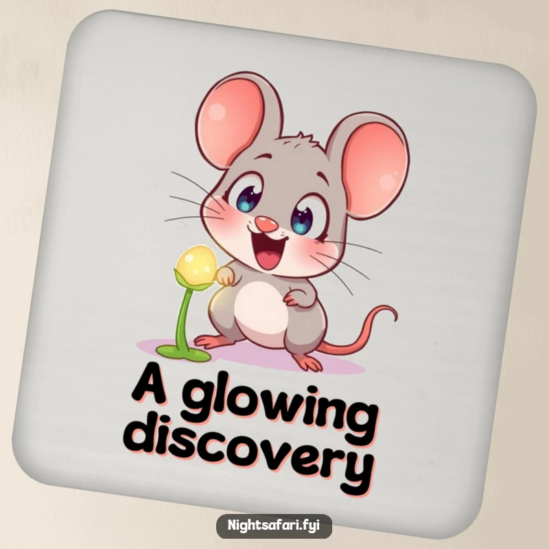 Funny Drink Coaster: Astonished mouse with large, surprised eyes viewing a luminous, glowing plant, adding humor to surfaces.