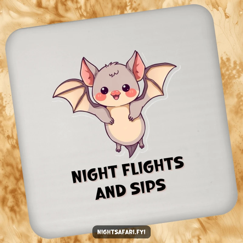 Funny drink coasters featuring a curious bat with tiny wings doing a playful loop, guarding your table.