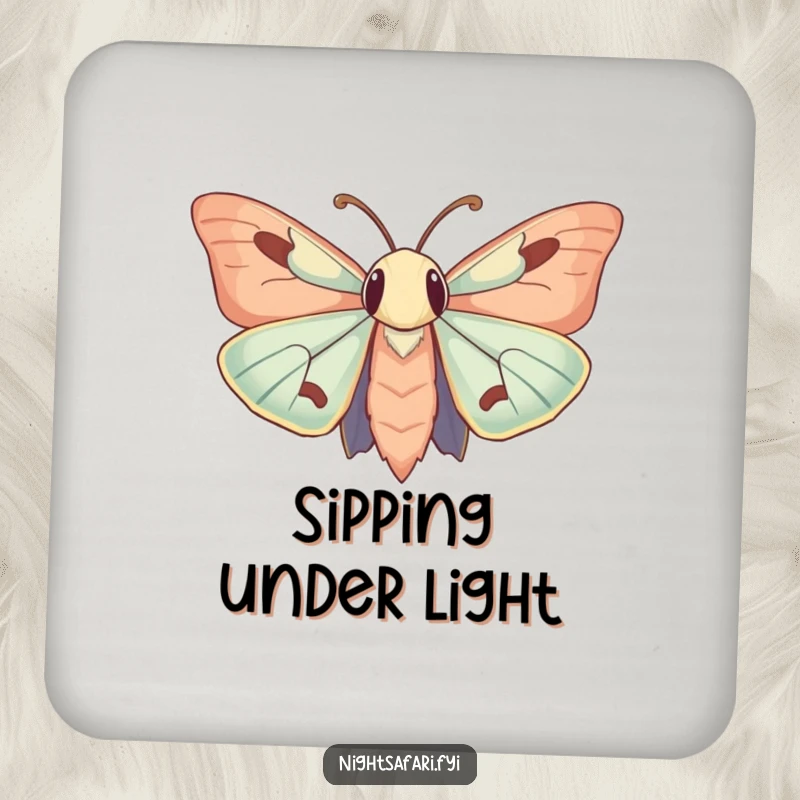 Funny Drink Coaster: A moth with large, curious antennae humorously drawn to a soft light, protecting surfaces humorously.