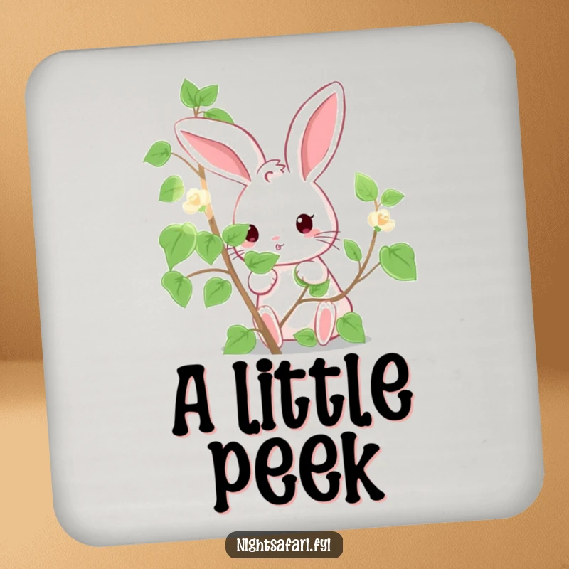 Funny Drink Coaster: Cute bunny humorously peeking from behind a glowing, luminous vine, protecting surfaces.