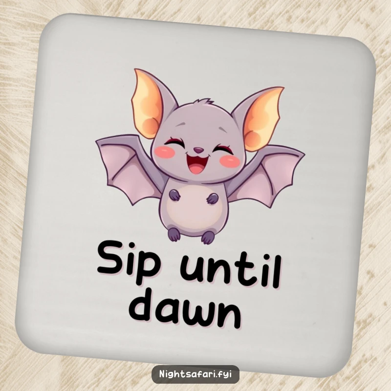 Funny drink coaster with a delighted bat having tiny glowing wings, doing a joyful flutter, perfect for table protection humorously.