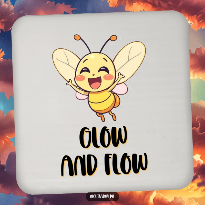 Funny Firefly Coaster: An excited firefly character glowing brightly, offering surface protection with a touch of magical luminescence.