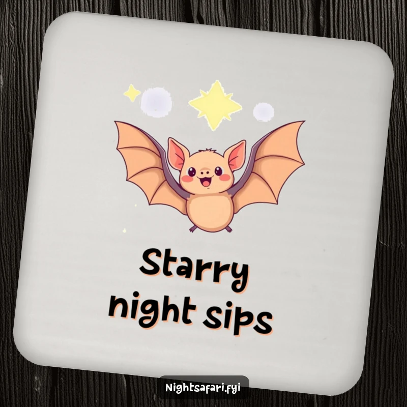 Funny Fruit Bat Coaster featuring a delighted fruit bat under a starry sky, providing surface protection with whimsical magic.