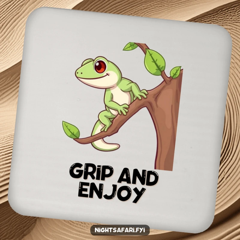 Funny Gecko Coaster featuring a cheerful gecko energetically climbing, providing both surface protection and a humorous aesthetic.