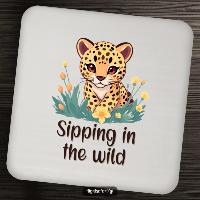 Funny Drink Coaster: Gentle-eyed leopard playfully stalking through vibrant, glowing flora, humorously protecting surfaces.