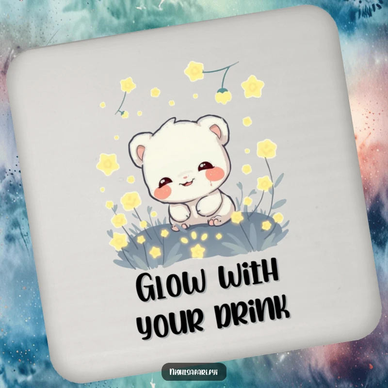 Funny drink coaster with a giggling shy creature hiding amongst glowing fireflies, perfect for table protection with magic.