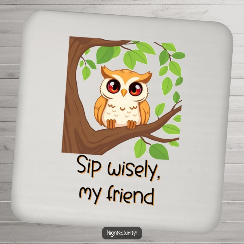 Funny drink coaster featuring a happy owl with wide, curious eyes peering from a tree, ideal for protecting surfaces humorously.
