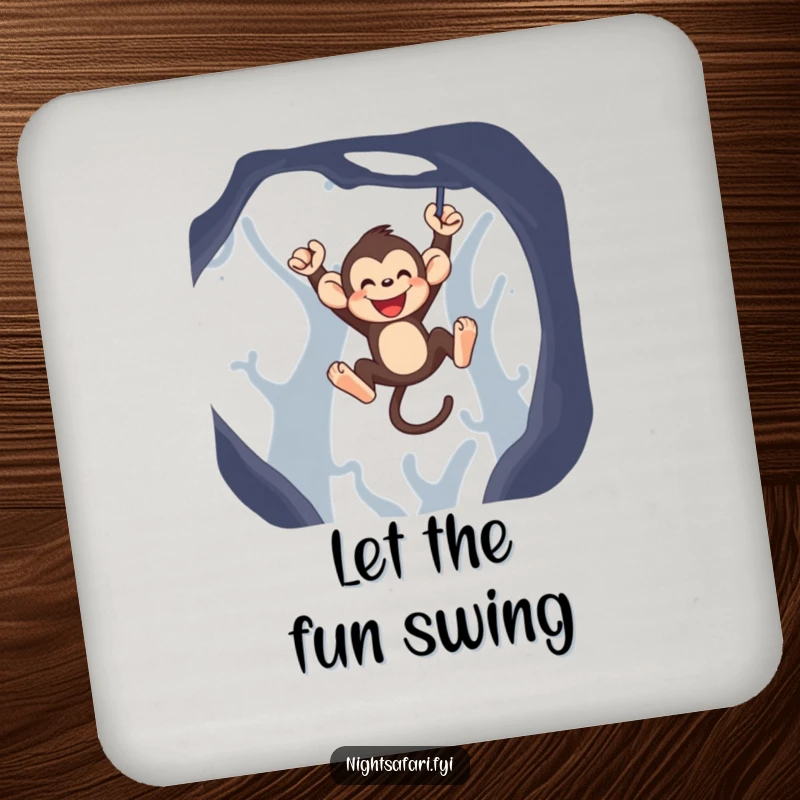 Funny monkey coaster featuring a jubilant monkey character swinging playfully, adding a fun element to drink protection.