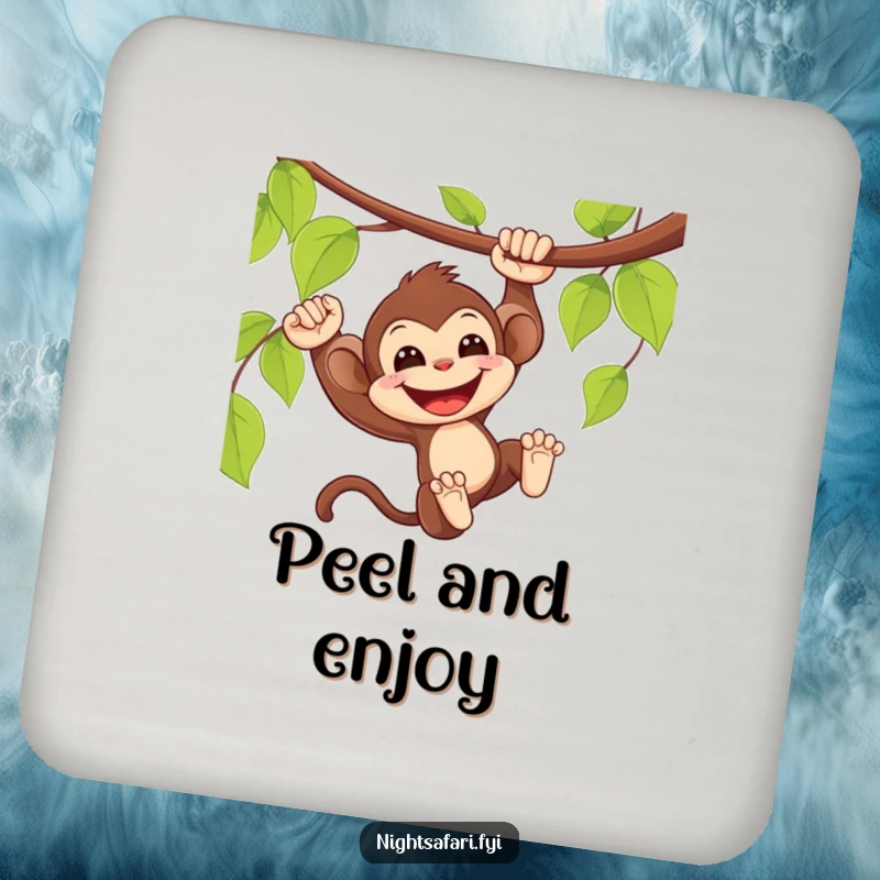 Funny Monkey Coasters: Delighted monkey swinging from a vine with a wide smile, protecting surfaces.