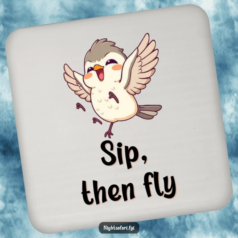 Funny coasters featuring a giggling nightjar character in flight, adding humor and protection to tabletops.
