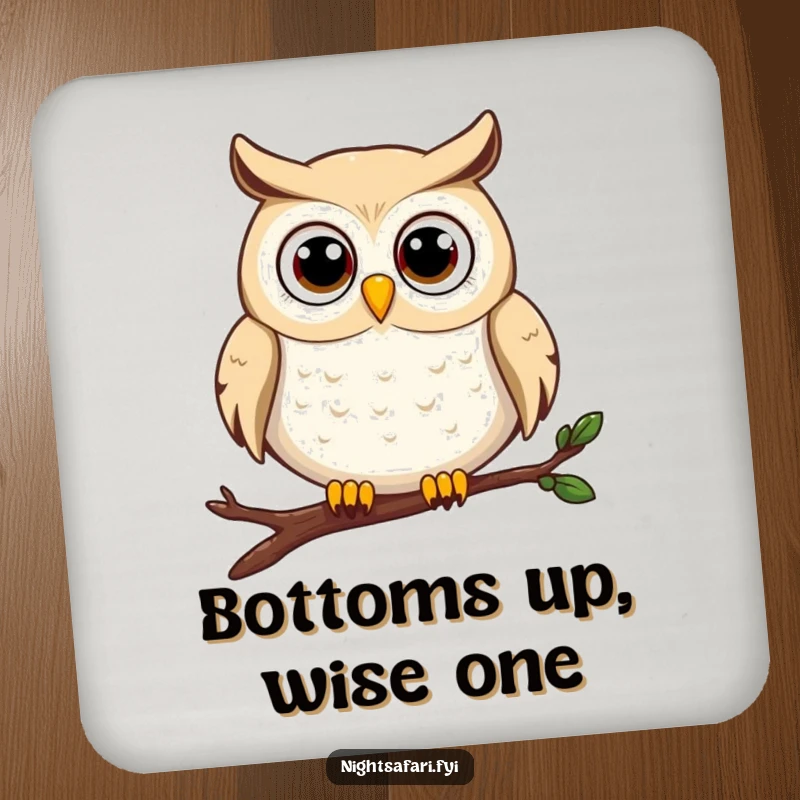 Funny owl coaster featuring a happy wide-eyed owl character perched on a branch, protecting surfaces with style.