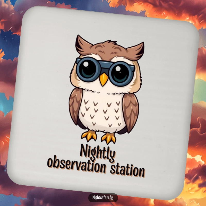 Funny Owl Binoculars Coasters: A set of coasters with a curious owl peering through binoculars, perfect for a funny gift.
