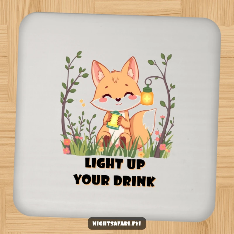 Funny drink coaster with a smiling fox peeking from bushes, holding a glowing lantern, perfect for table protection humorously.