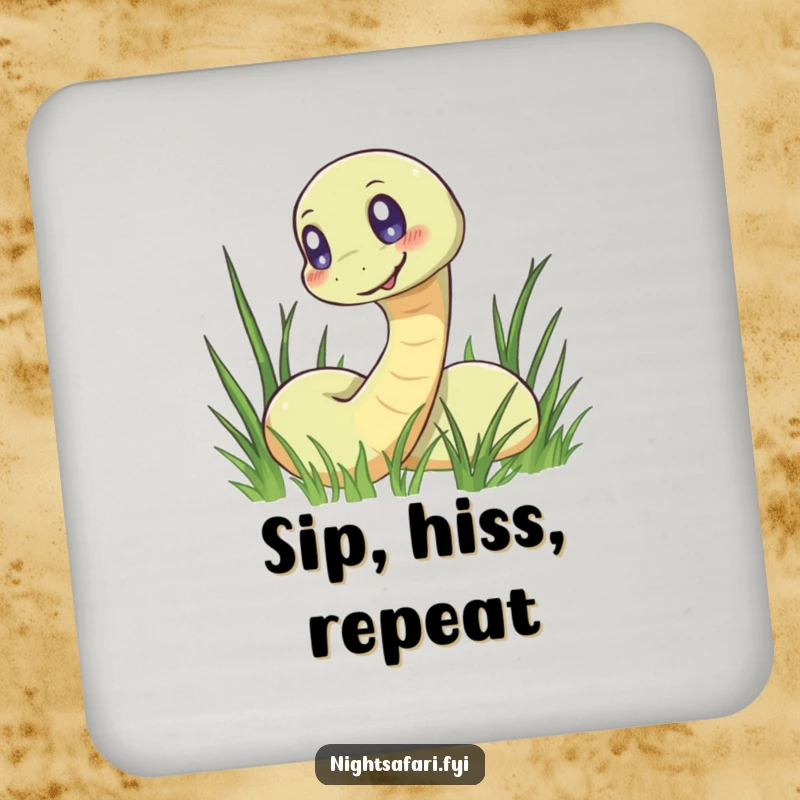 Funny drink coasters featuring a smiling snake with glowing eyes, safeguarding your furniture with reptilian flair.