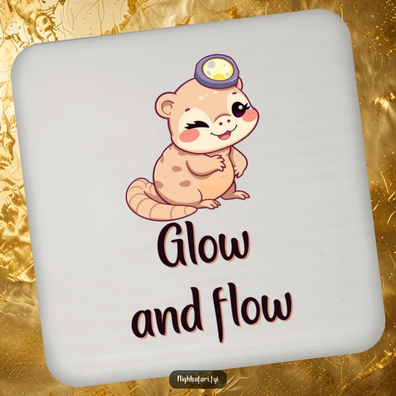 Funny winking pangolin wearing a headlamp slithering, on a protective drink coaster for humorous home decor.