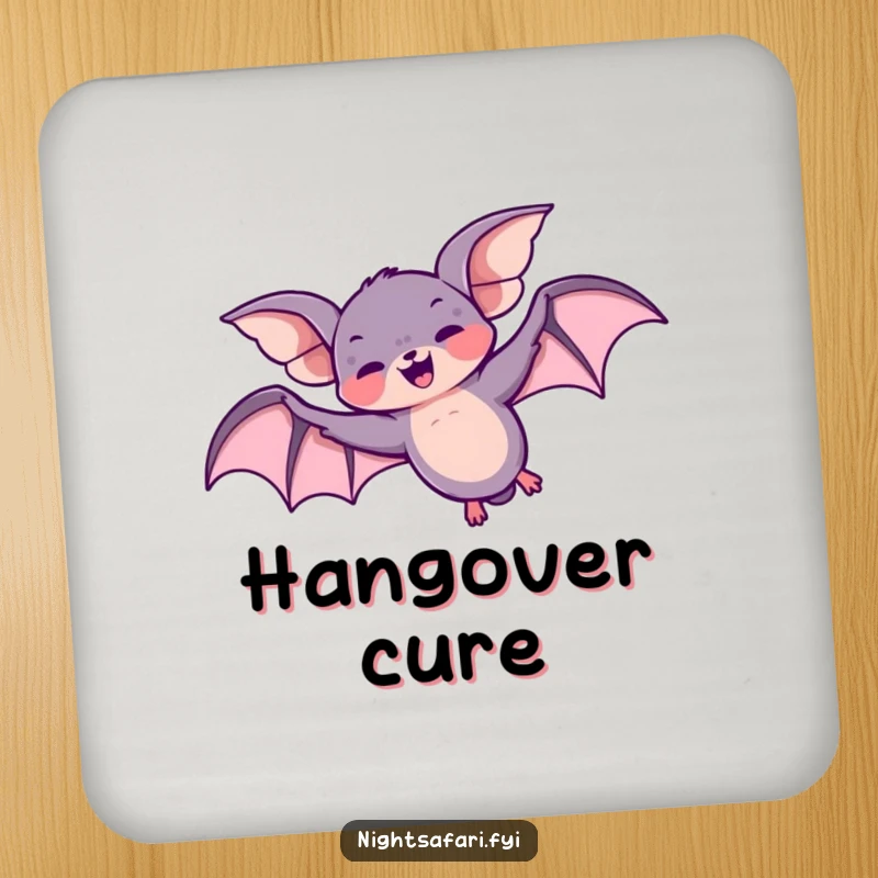 Funny coaster featuring a giggling bat character doing a loop-the-loop overhead, designed for drink protection.