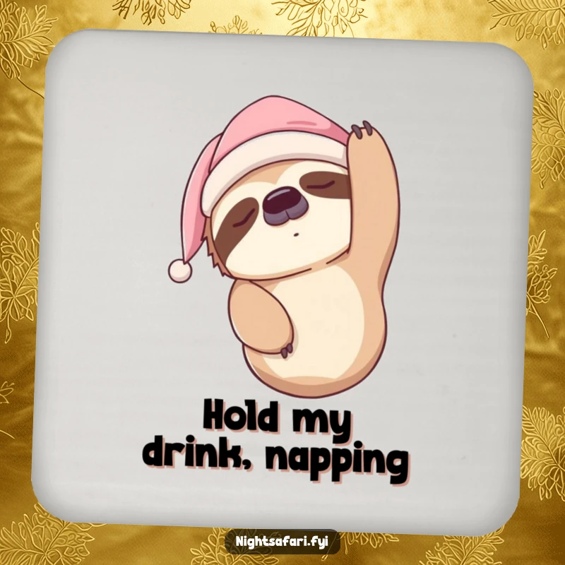 Funny Sloth Nightcap Coaster showing a sleepy sloth hanging upside down, perfect for protecting surfaces with humor.