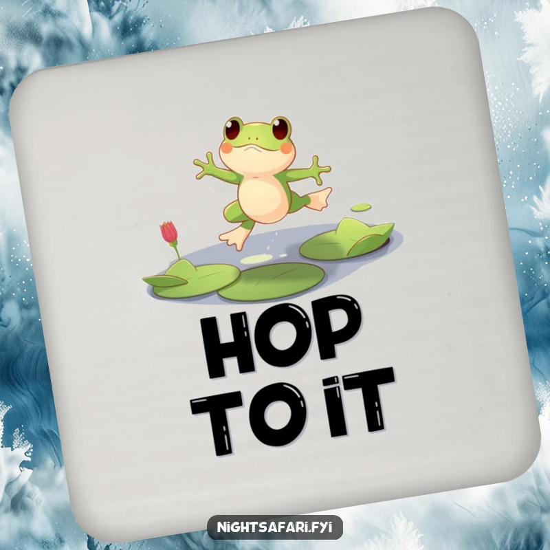 Funny coaster featuring a playful frog character leaping across lily pads in dim light, designed for drink protection.