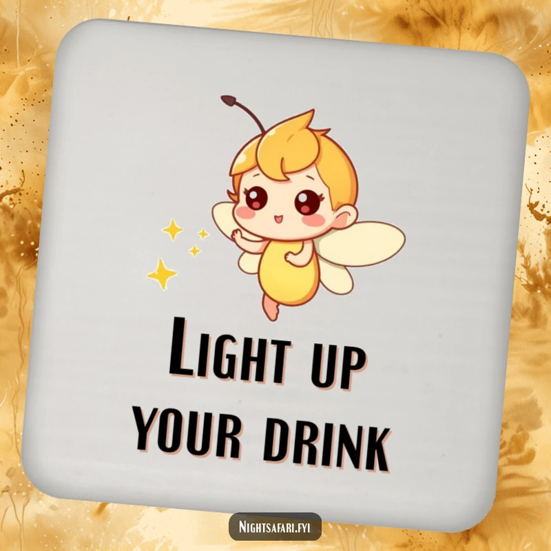 Funny drink coaster with a playful firefly character emitting a soft glow, a whimsical and practical table accessory.