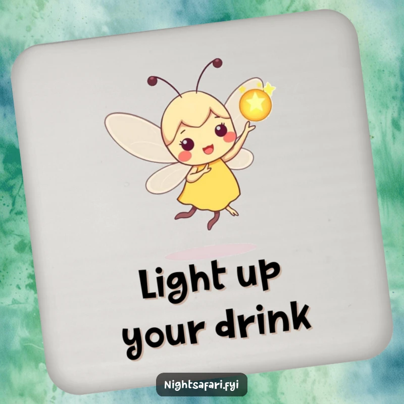 Funny Firefly Coasters: Playful firefly character dancing with a glowing orb, protecting surfaces.